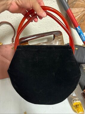 Black Velvet Mini Bag with Red Acrylic Handles